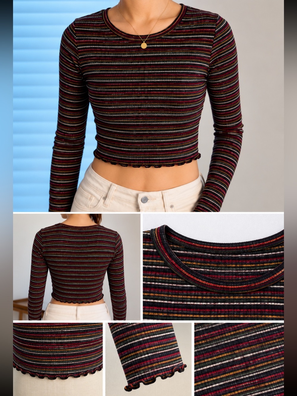Caution To The Wind Black Ribbed Long-Sleeve Crop Top with Multicolor Stripes